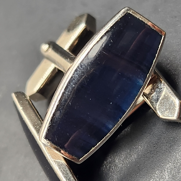 Vintage 80s cufflinks blue tiger eye silver tone almond bullet back Made Germany - Picture 2 of 6